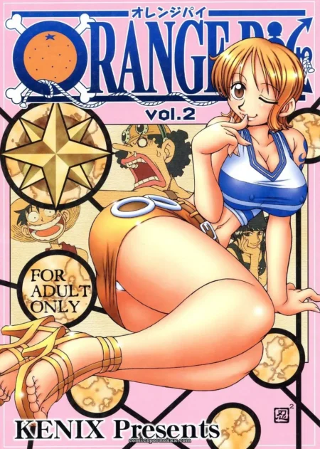 Mulher de top azul e shorts laranja justos exibe nádegas grandes e seios arte NSFW de Orange Pie Vol.2