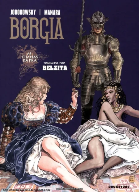 Mulher de vestido azul com pernas abertas e seio exposto, outra mulher nua com joias, cavaleiro armado segurando espada.