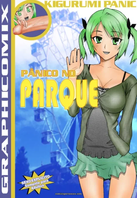 Garota verde coelhas, mini-saia, blusa aberta seios, roda-gigante fundo e mão masturbando pênis ereto
