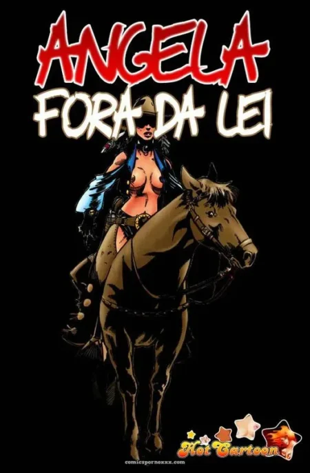 Angela de seios expostos monta cavalo com jaqueta aberta, mamilos duros, título Fora da Lei vermelho em fundo preto