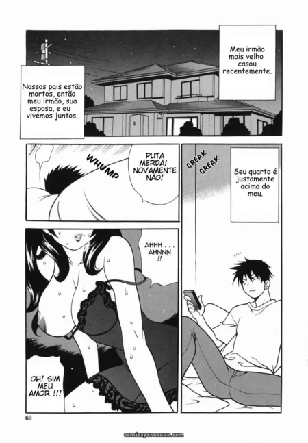 Mulher de lingerie preta suando, gritando PUTA MERDA NÃO NÃO! enquanto homem na cama observa em Sob O Mesmo Teto Vol.1.