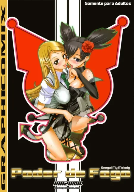Duas garotas anime em uniforme escolar se beijam com pernas abertas, mãos nas bocetas, loira e morena com rosa no cabelo.