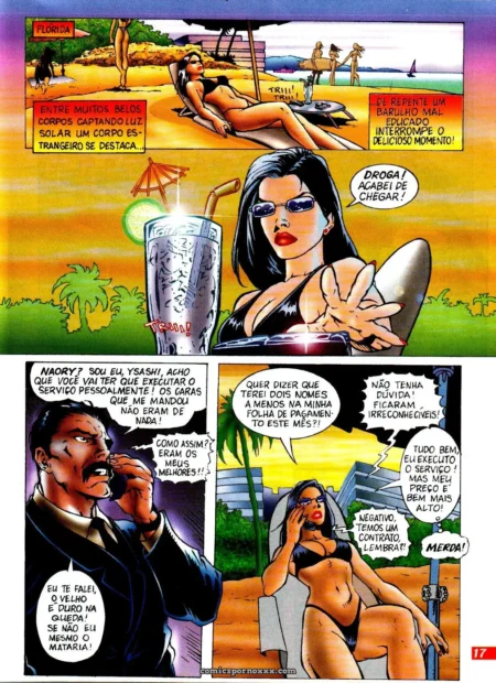 A mercenária de biquíni preto deitada na areia com pernas abertas exibindo seios firmes e bunda empinada