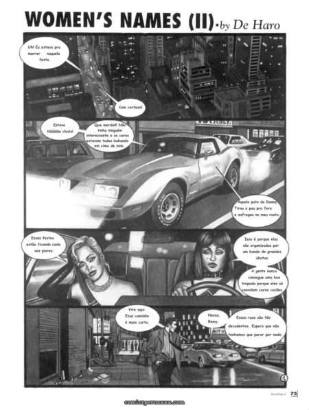 Mulher no Corvette com calcinha molhada dirigindo, outra gemendo no telefone com pernas abertas em festa noturna quente