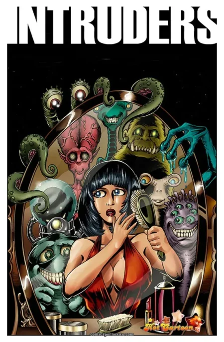 Mulher de vestido vermelho decotado, olhos arregalados, rodeada por monstros grotescos com tentáculos e línguas, em cena sexual explícita.