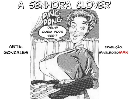 Sra. Clover com seios grandes transbordando do decote segurando bandeja de muffins com luvas de forno ao ouvir DING DONG