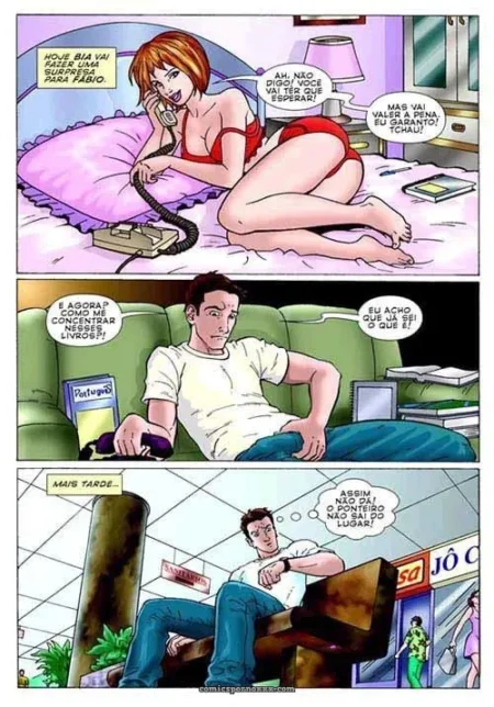 Mulher de sutiã vermelho e calcinha sensual deitada na cama com telefone, prometendo surpresa sexual quente pra foder