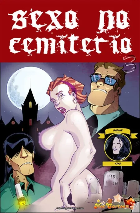 Mulher ruiva nua com peitos grandes e bunda exposta transando com três homens no cemitério sob lua cheia e lápides