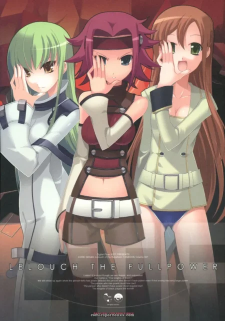 Três mulheres anime com roupas justas, sutiã visível, calcinha azul, peitos expostos e pernas abertas, Lelouch Fullpower