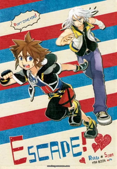 Sora e Riku correndo com roupas justas exibindo pênis eretos e nádegas apertadas fundo listrado