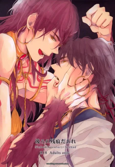 Homem de cabelo roxo com brincos dourados beija com língua outro de cabelo escuro, mãos no rosto, sussurros eróticos