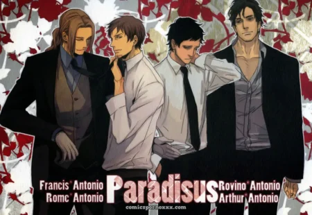 Quatro homens em ternos apertados, camisas abertas, mãos nos zíperes, exibindo pênis erectos e olhares lascivos.