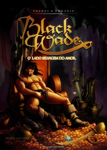 homem musculoso sentado com pernas abertas, mulher de vestido revelador exibindo seios, moedas de ouro e espada ao redor