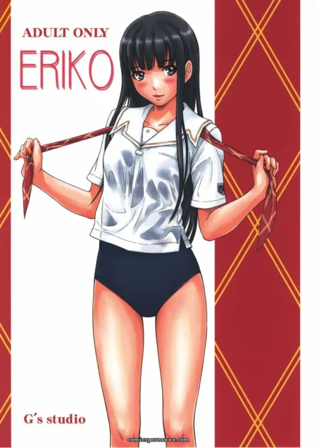 Eriko Kisaragi Gunma camisa branca amarrada com fita vermelha expondo seios e calcinha preta justa, fundo vermelho dourado