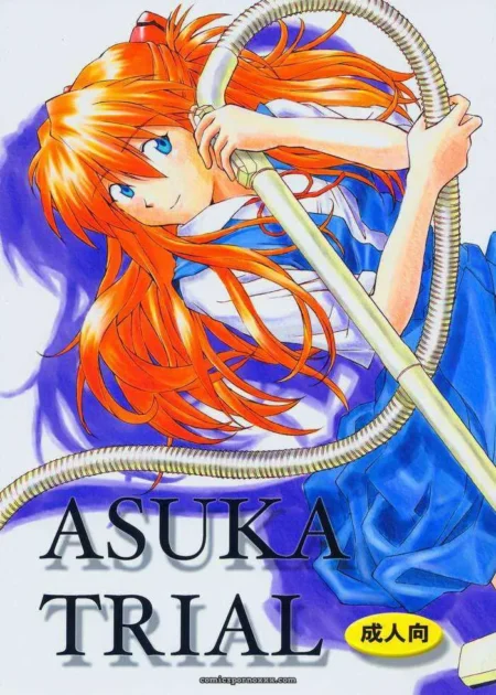 Asuka de cabelo laranja e olhos azuis segurando pênis artificial grosso, vestido azul branco, pose sensual para adultos