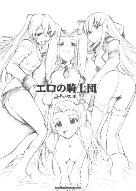 Quatro garotas em uniformes, seios expostos, duas segurando mamilos da central, outra agachada sugando sua buceta