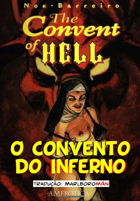 Freira com seios nus e chifres demoníacos em fundo vermelho sombrio, ilustração erótica explícita com tons infernais