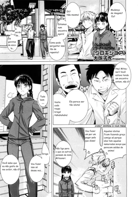 Homem aplicando maquiagem com força na boca da mulher, língua sugando pincel e gemidos sexuais explícitos no quadrinho.