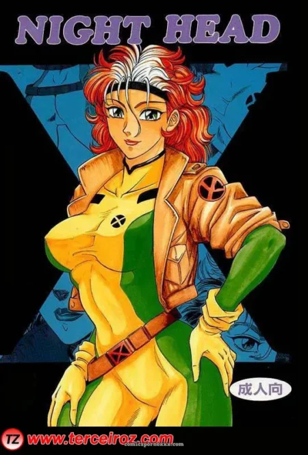 Cabelo vermelho-branco, traje amarelo-verde com X no busto apertado realçando mamas fartas e bunda empinada