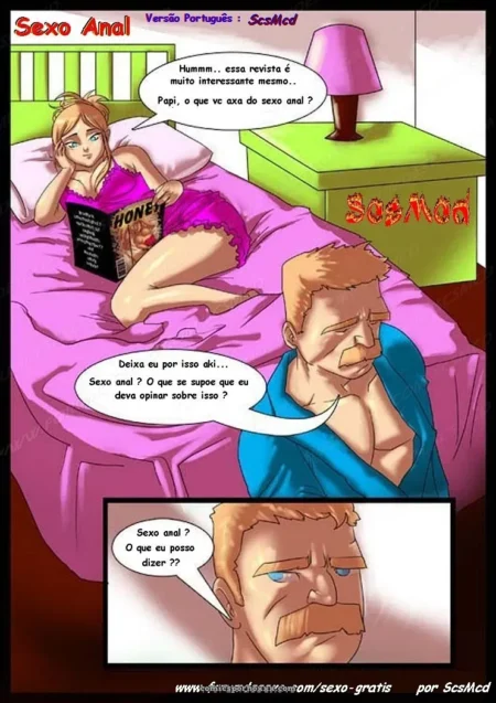 Garota de vestido rosa na cama com livro Honey discutindo sexo anal com padrino de camisa azul e criado-mudo verde.