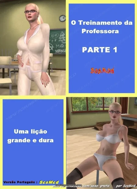 Professora loira de blusa branca justa e calcinha, pernas abertas na sala de aula, lição sexual explícita e dura.