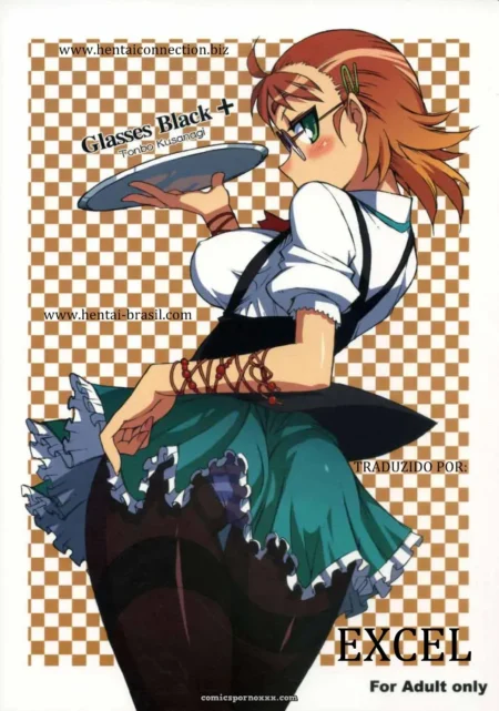 Cabelo laranja, óculos verdes, seios expostos, saia levantada, meias pretas segurando bandeja sensual.