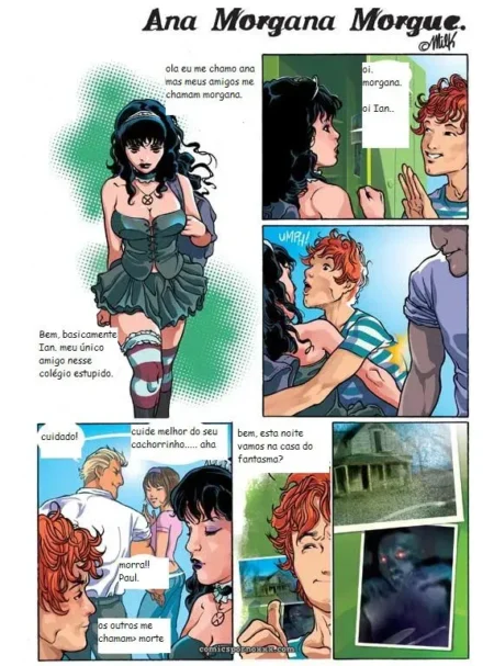 Ana Morgana com vestido verde apertado, meias arrastão e decote profundo, chupando linguiça de garoto na sala