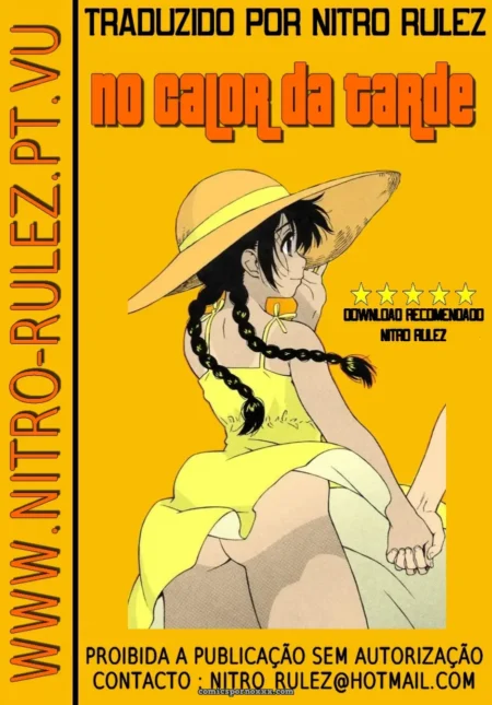 Mulher de vestido amarelo e chapéu, pernas abertas no colo de homem, mão dele sob a saia, beijando-se no calor da tarde.
