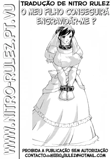 Mulher de noiva com mãos amarradas, colar de garganta e pernas abertas, filho fodendo para engravidar.