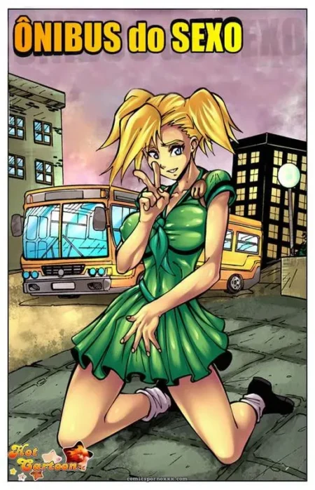 Moça loira de vestido verde ajoelhada com pernas abertas e calcinha visível, dedo na boca, ônibus do sexo ao fundo